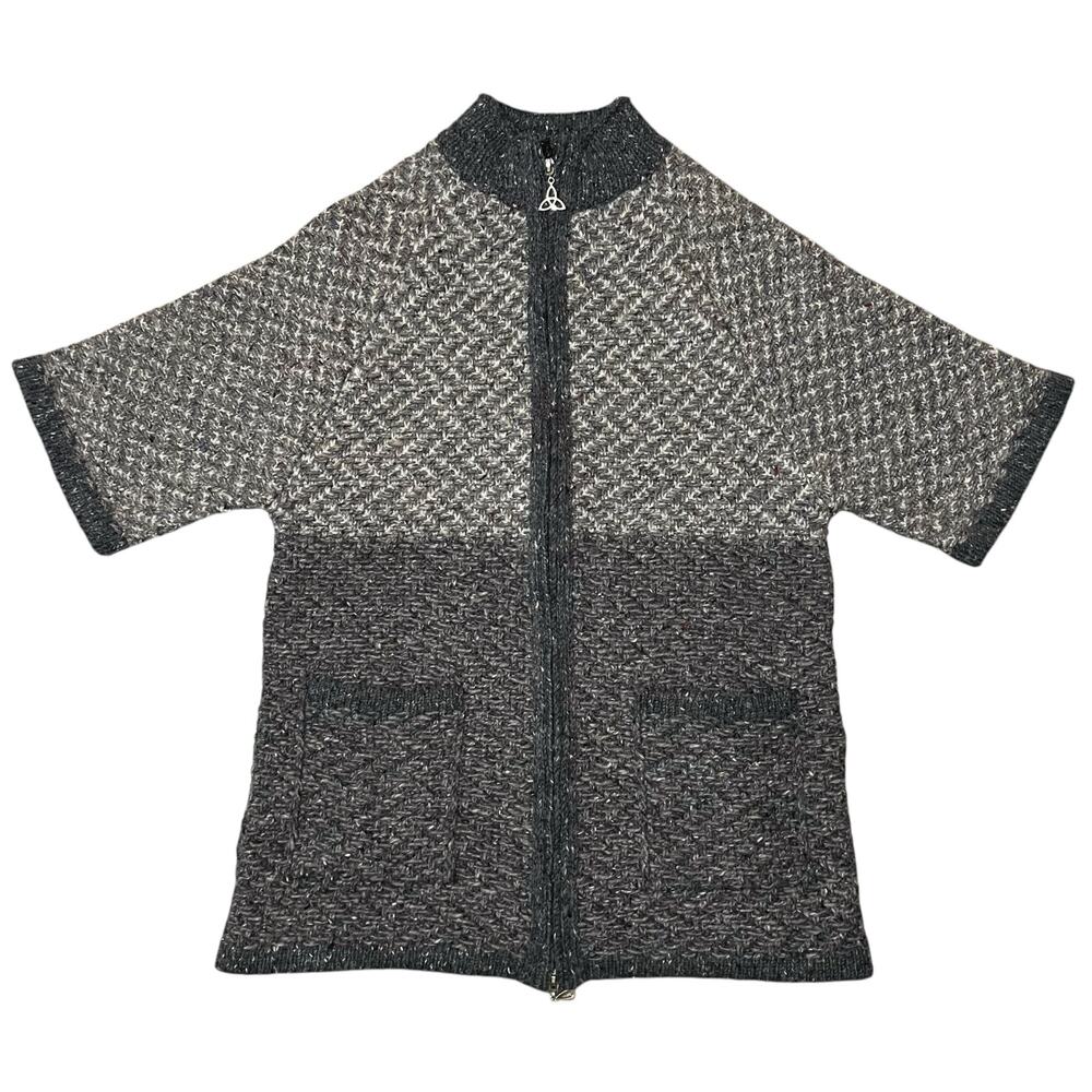 NWOT Aran Crafts Knit Cardigan 100% Wool Short Sleeve Zip Sweater Gray Small